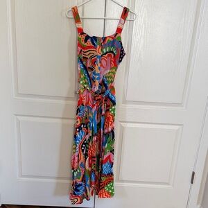 Cara Sleeveless Multicolor Abstract Print Midi Dress with Tie Waist